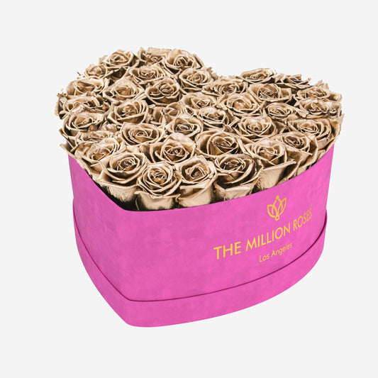 Heart Hot Pink Suede Box | Gold Roses - The Million Roses