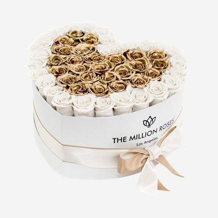Heart White Box | White & Gold Roses - The Million Roses