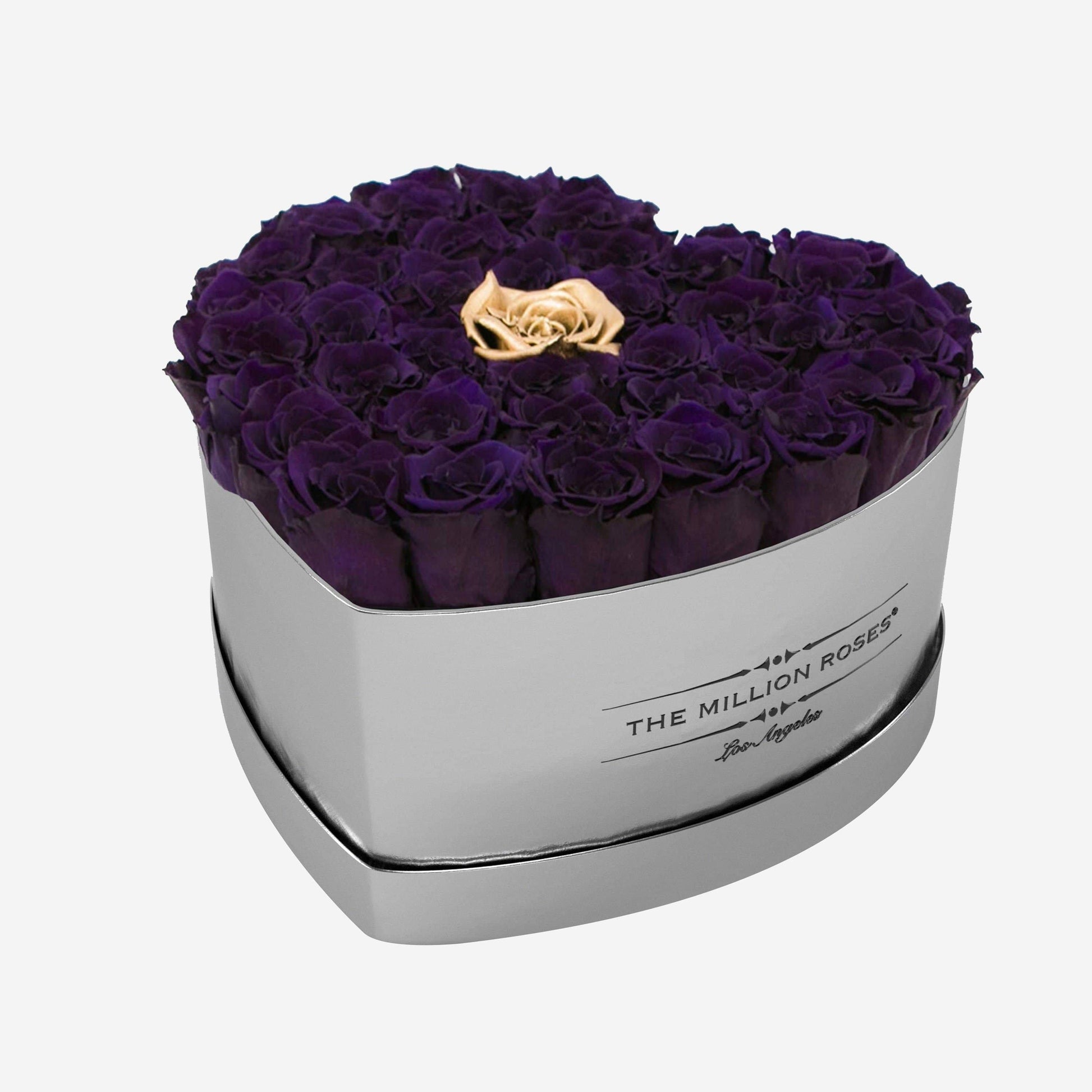 Heart Mirror Silver Box | Dark Purple & Gold Roses - The Million Roses