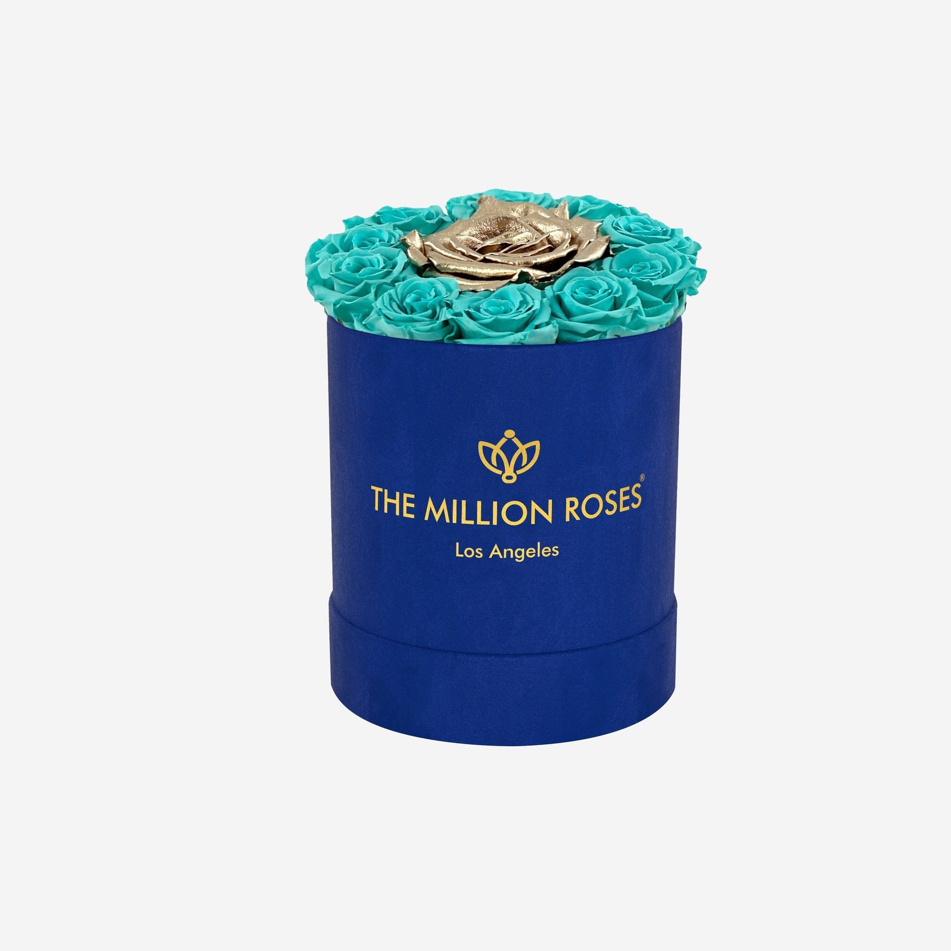 Basic Royal Blue Suede Box | Turquoise & Gold Mini Roses - The Million Roses