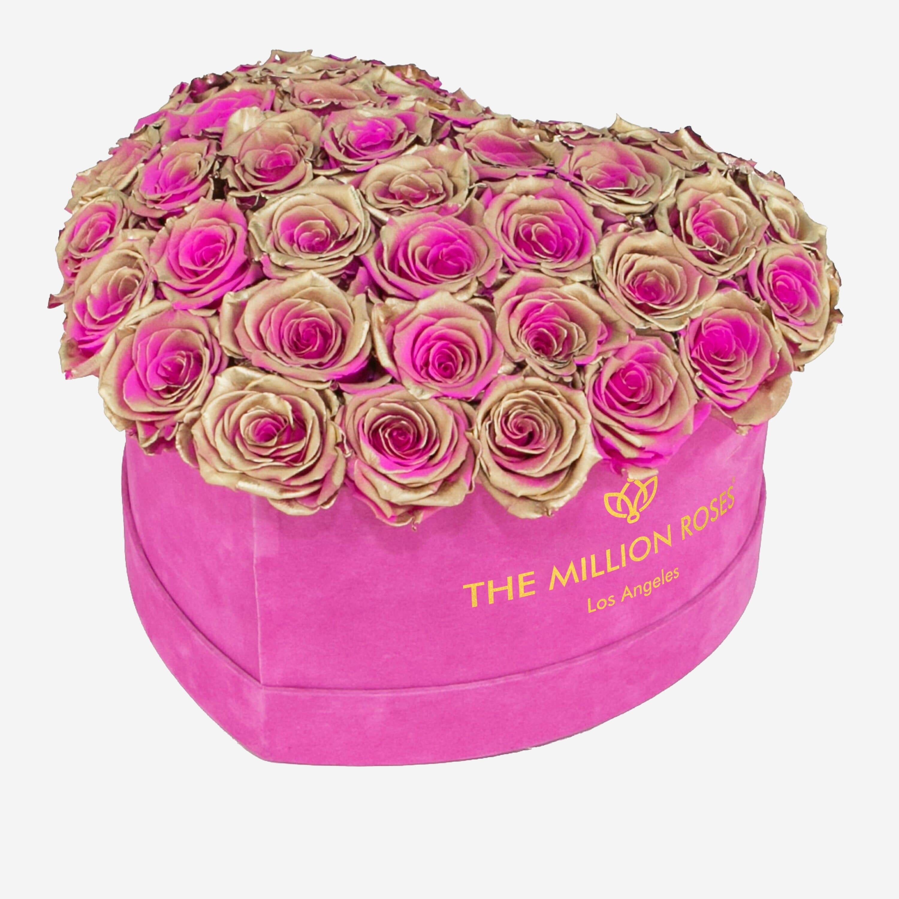 Heart Hot Pink Suede Dome Box | Neon Gold Pink Roses - The Million Roses