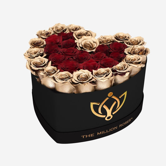 Cutie Neagră Heart | Trandafiri aurii, acoperiți cu aur de 24K și trandafiri roșii