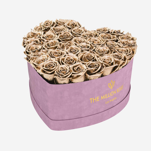Heart Light Pink Suede Box | Gold Roses - The Million Roses