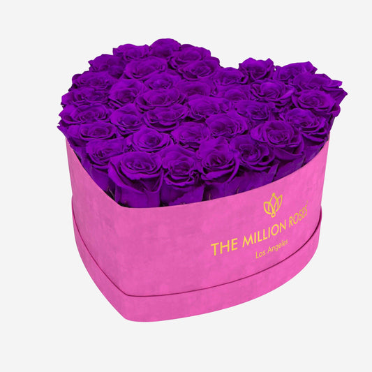 Heart Hot Pink Suede Box | Bright Purple Roses - The Million Roses