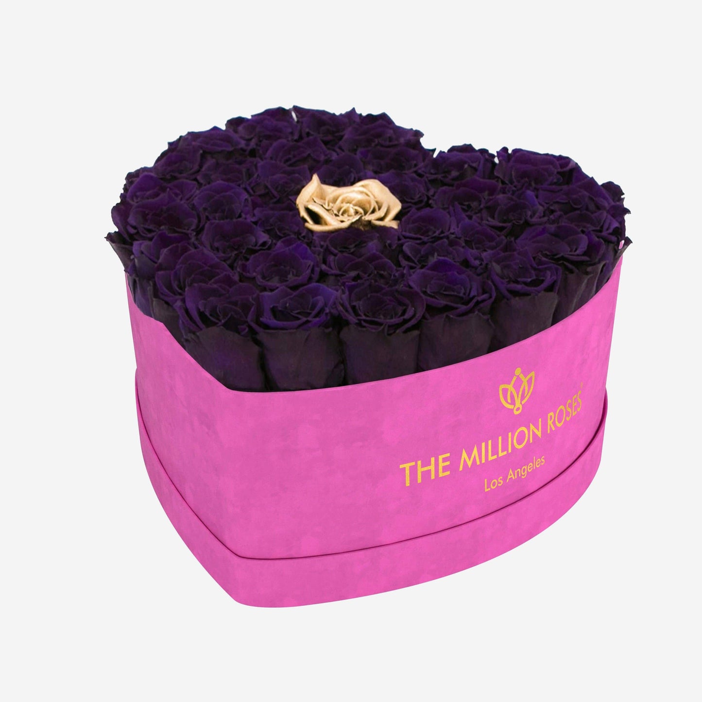 Heart Hot Pink Suede Box | Dark Purple & Gold Roses - The Million Roses
