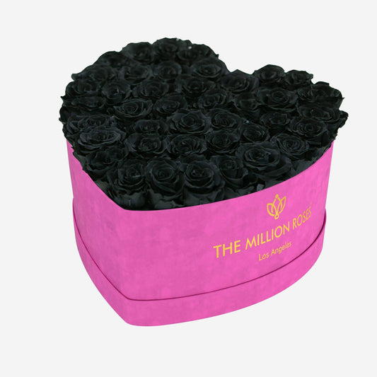 Heart Hot Pink Suede Box | Black Roses - The Million Roses
