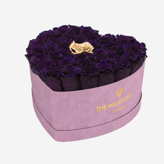 Heart Light Pink Suede Box | Dark Purple & Gold Roses - The Million Roses
