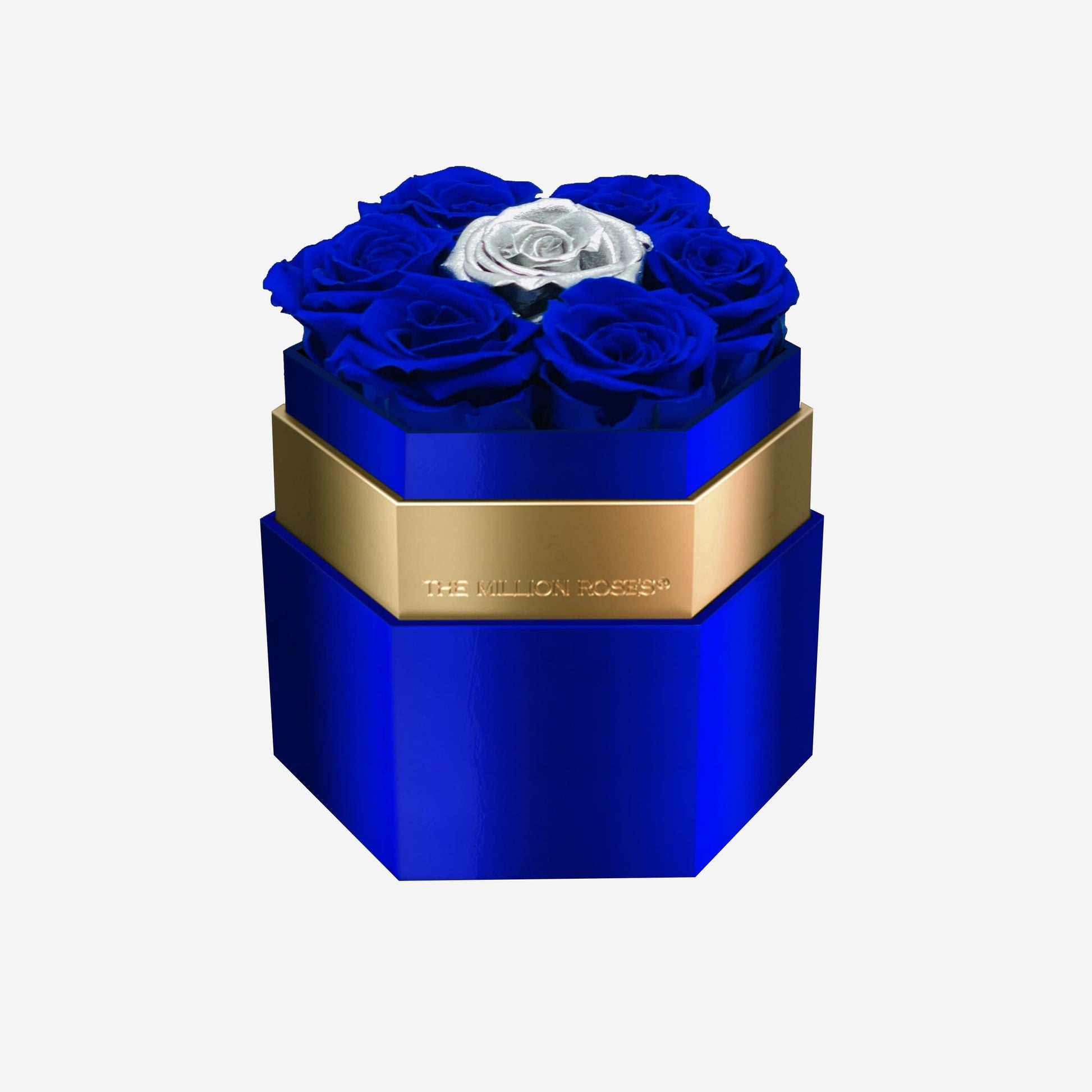 One in a Million™ Mirror Blue Hexagon Box | Dark Blue & Silver Roses - The Million Roses