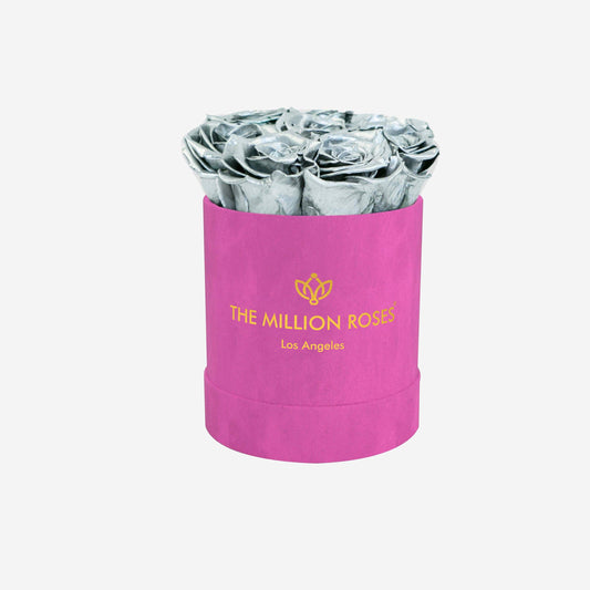 Basic Hot Pink Suede Box | Silver Roses - The Million Roses
