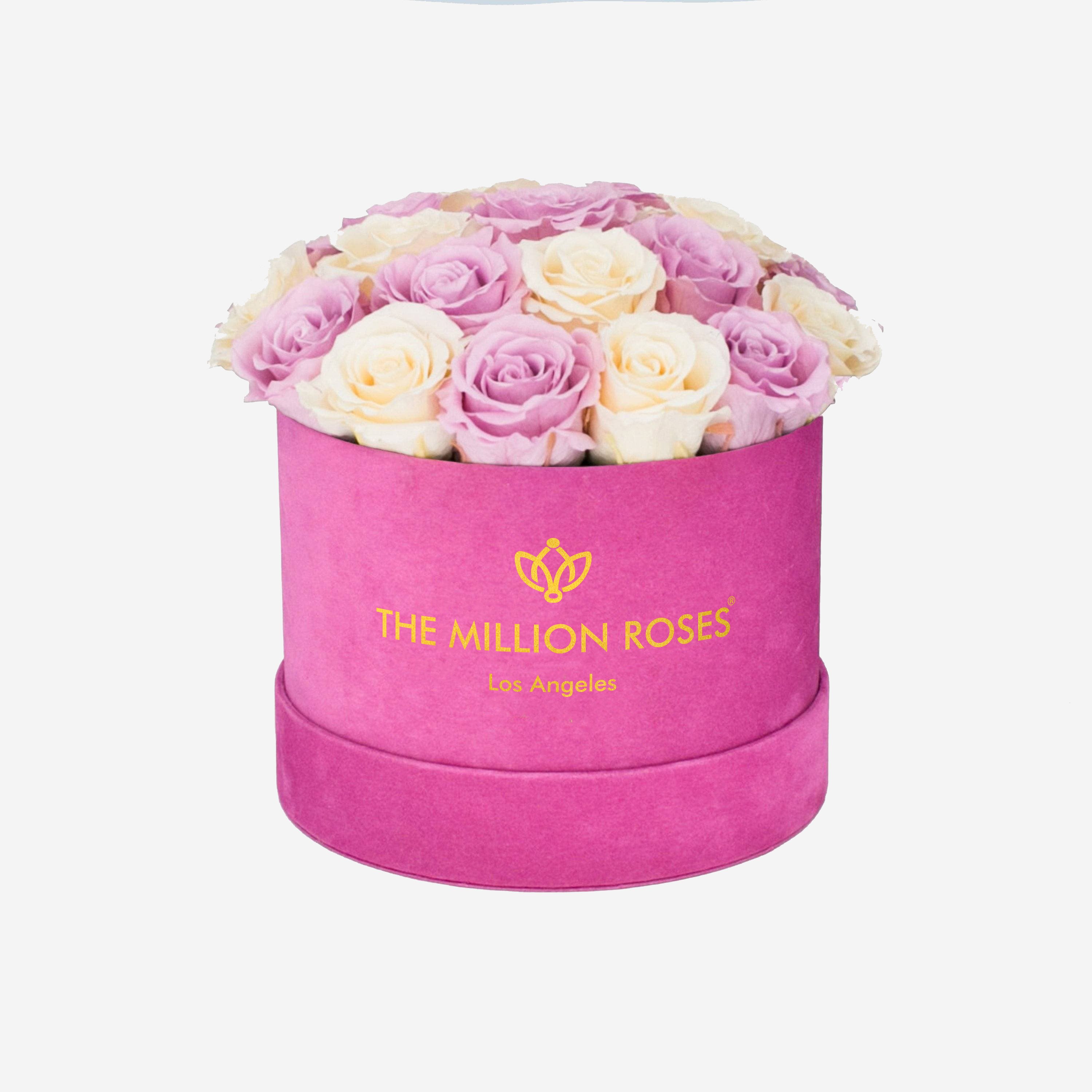 Classic Hot Pink Suede Dome Box | Ivory & Pink Roses - The Million Roses