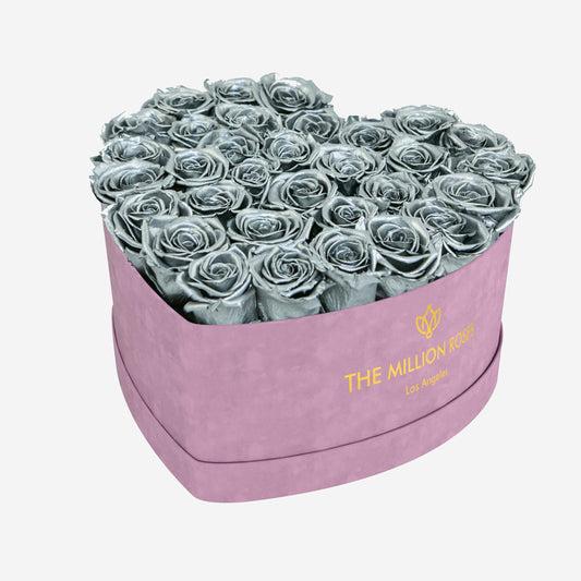 Heart Light Pink Suede Box | Silver Roses - The Million Roses