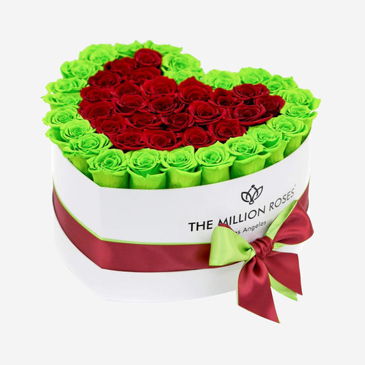 Heart White Box | Light Green & Red Roses - The Million Roses