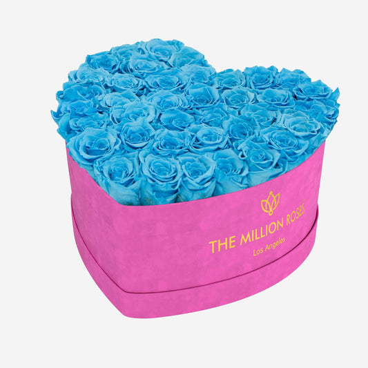 Heart Hot Pink Suede Box | Light Blue Roses - The Million Roses