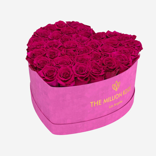 Heart Hot Pink Suede Box | Magenta Roses - The Million Roses
