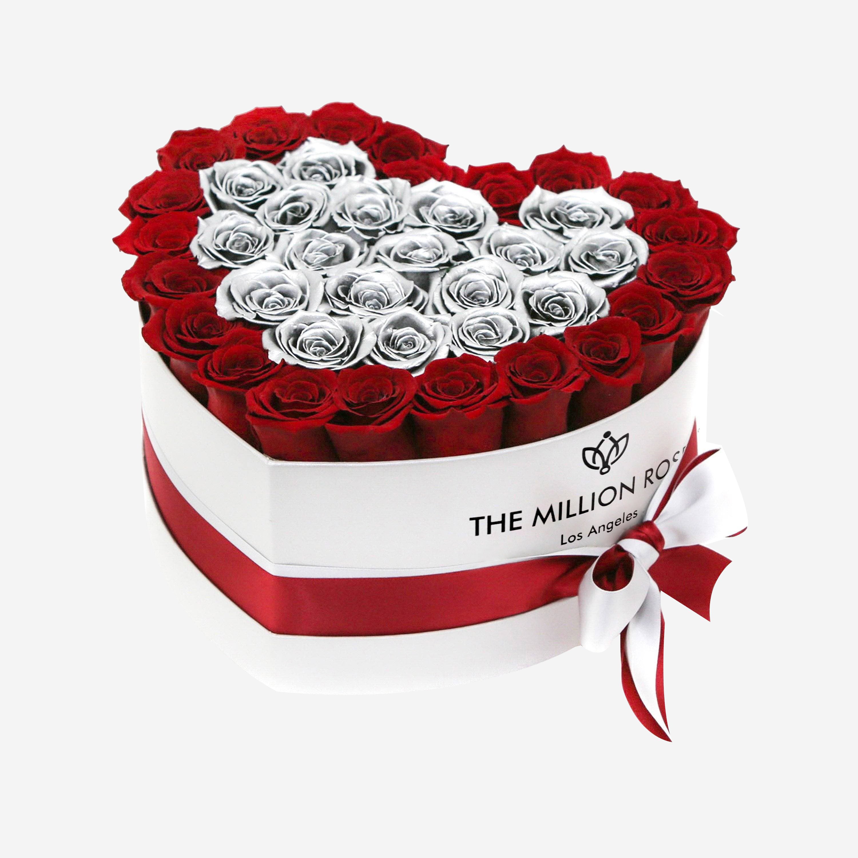 Heart White Box | Red & Silver Roses - The Million Roses