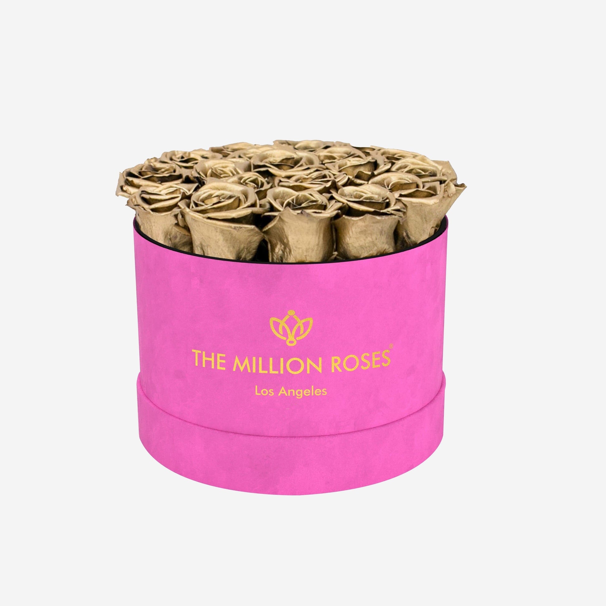 Classic Hot Pink Suede Box | Gold Roses - The Million Roses