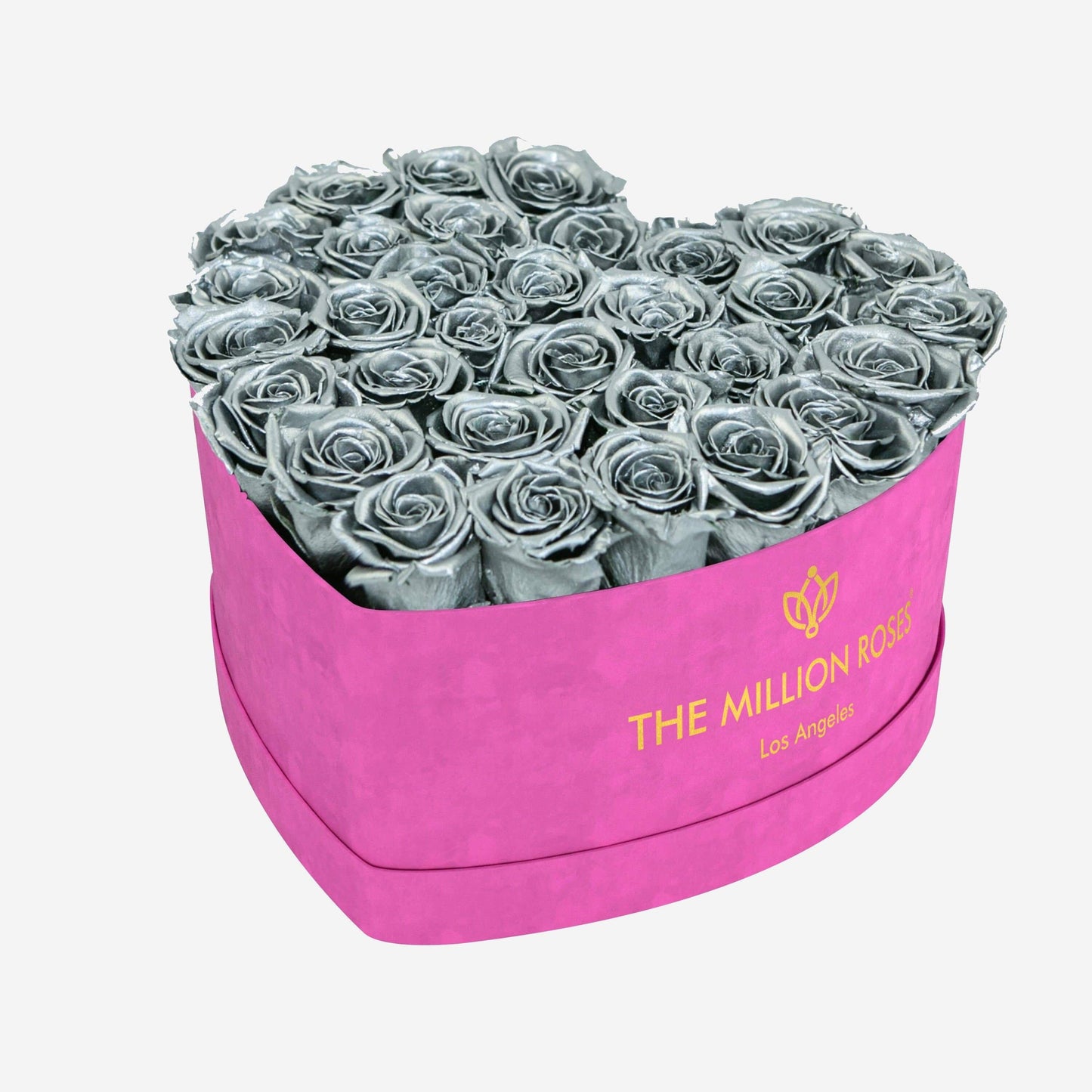 Heart Hot Pink Suede Box | Silver Roses - The Million Roses