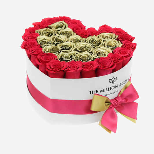Heart White Box | Hot Pink & Gold Roses - The Million Roses
