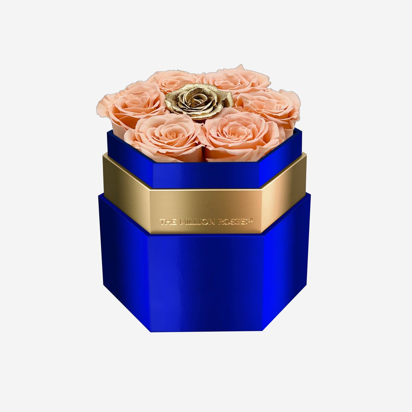 One in a Million™ Mirror Blue Hexagon Box | Peach & Gold Roses - The Million Roses