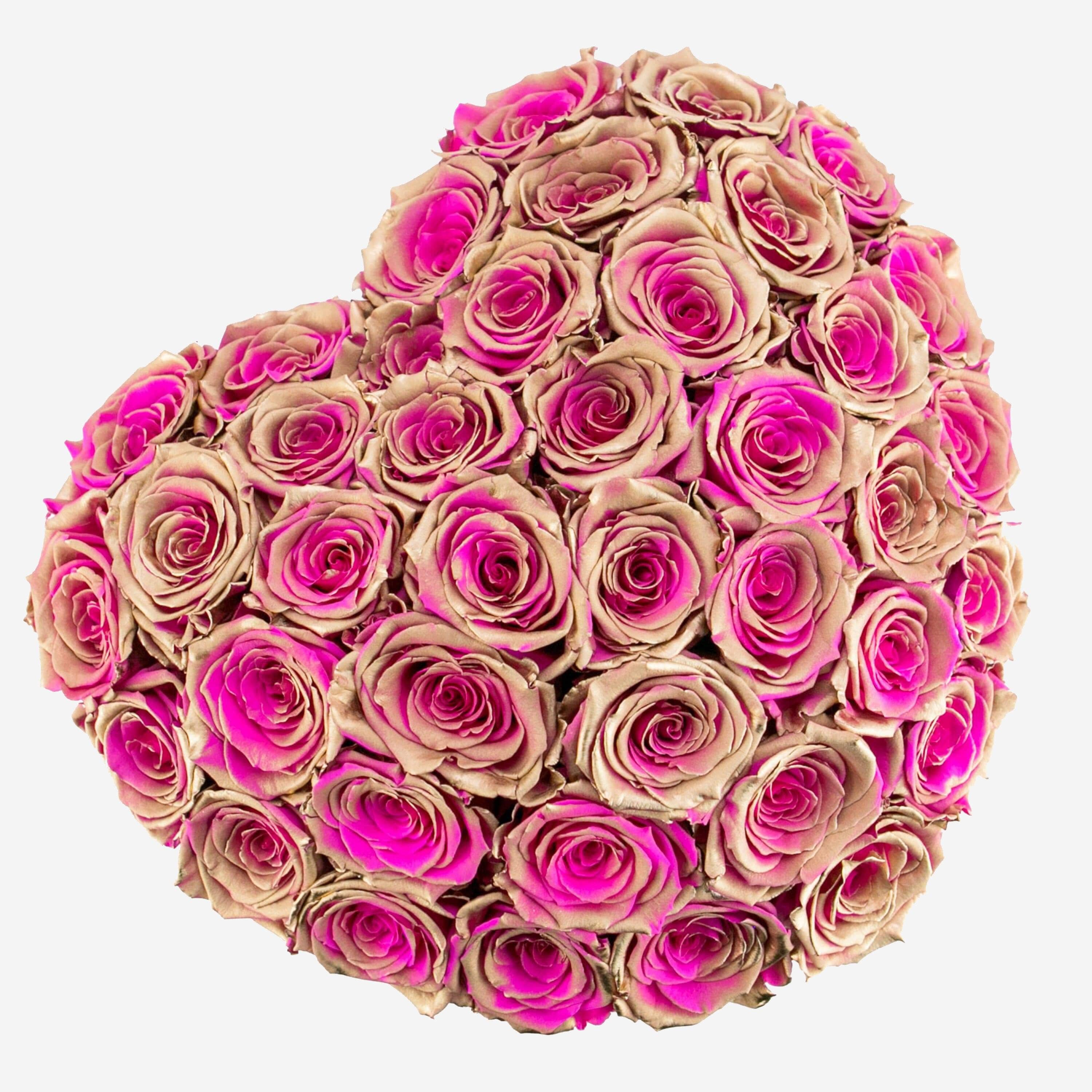 Heart Hot Pink Suede Dome Box | Neon Gold Pink Roses - The Million Roses