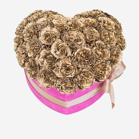 Heart Hot Pink Suede Dome Box | Gold Celestial Roses - The Million Roses