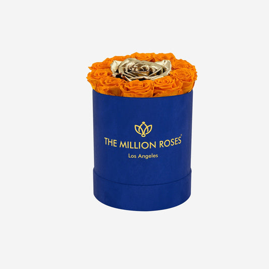 Basic Royal Blue Suede Box | Orange & Gold Mini Roses - The Million Roses