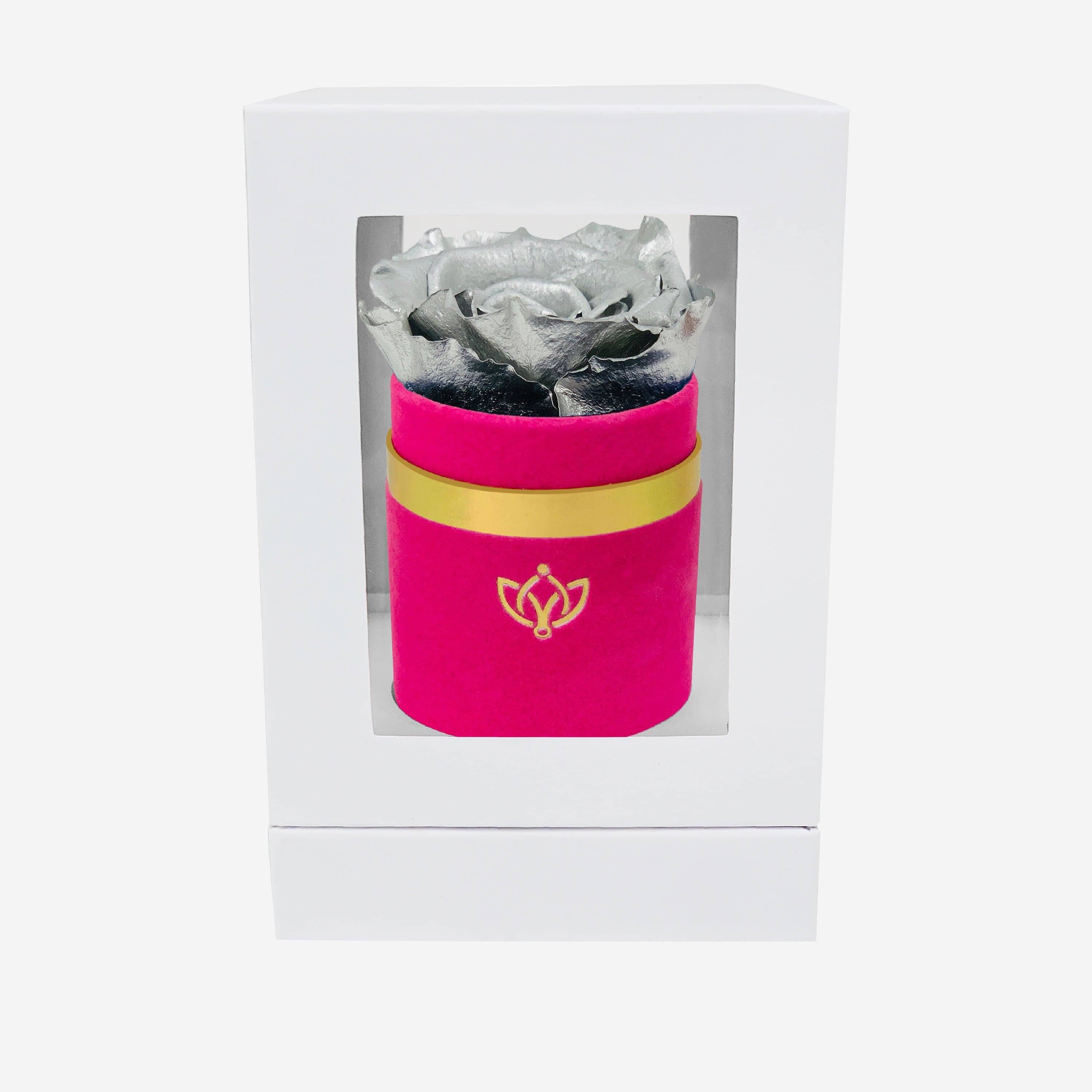 Single Hot Pink Suede Box | Silver Rose - The Million Roses