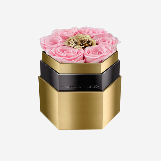 One in a Million™ Mirror Gold Hexagon Box | Light Pink & Gold Roses - The Million Roses