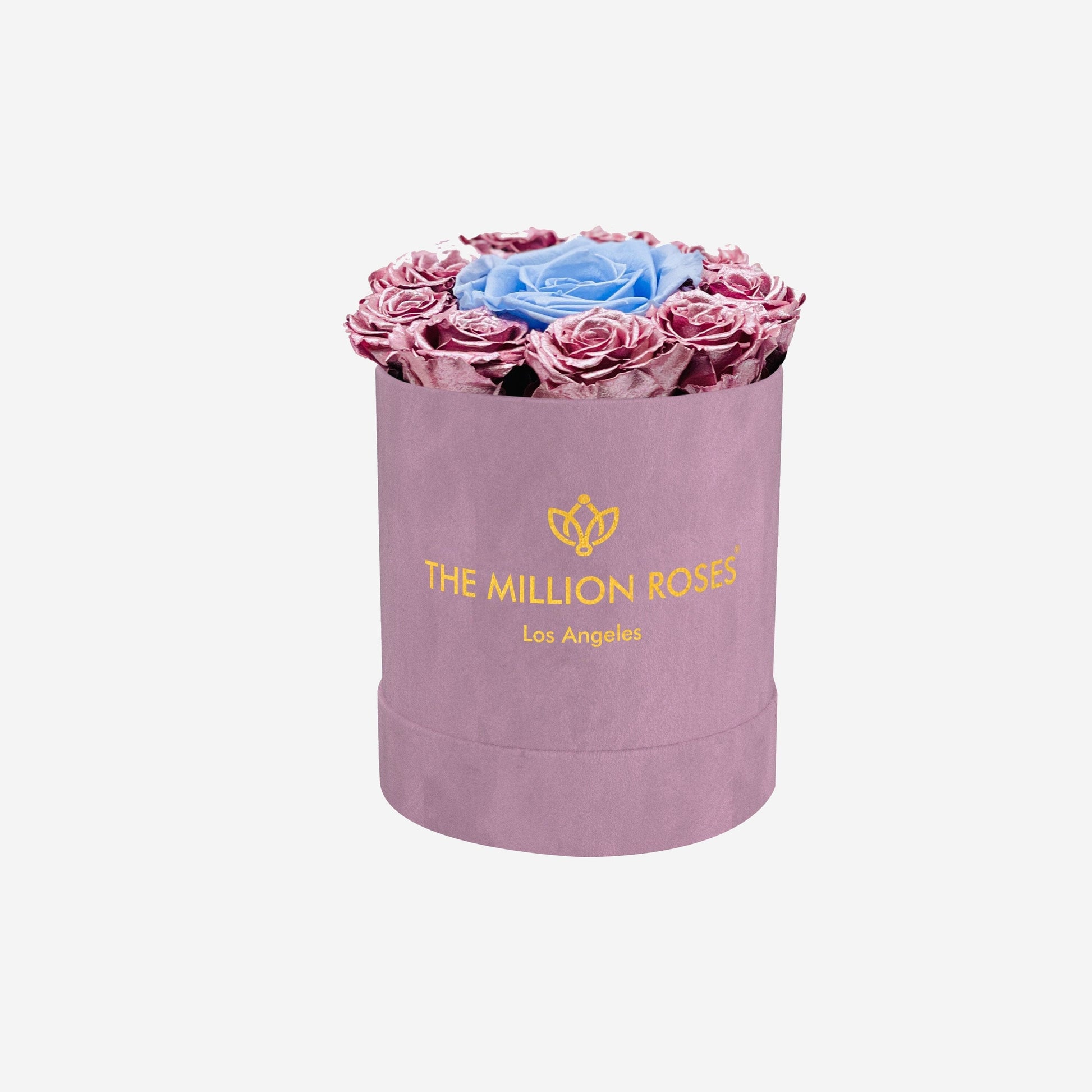 Basic Light Pink Suede Box | Pink Gold & Light Blue Mini Roses - The Million Roses