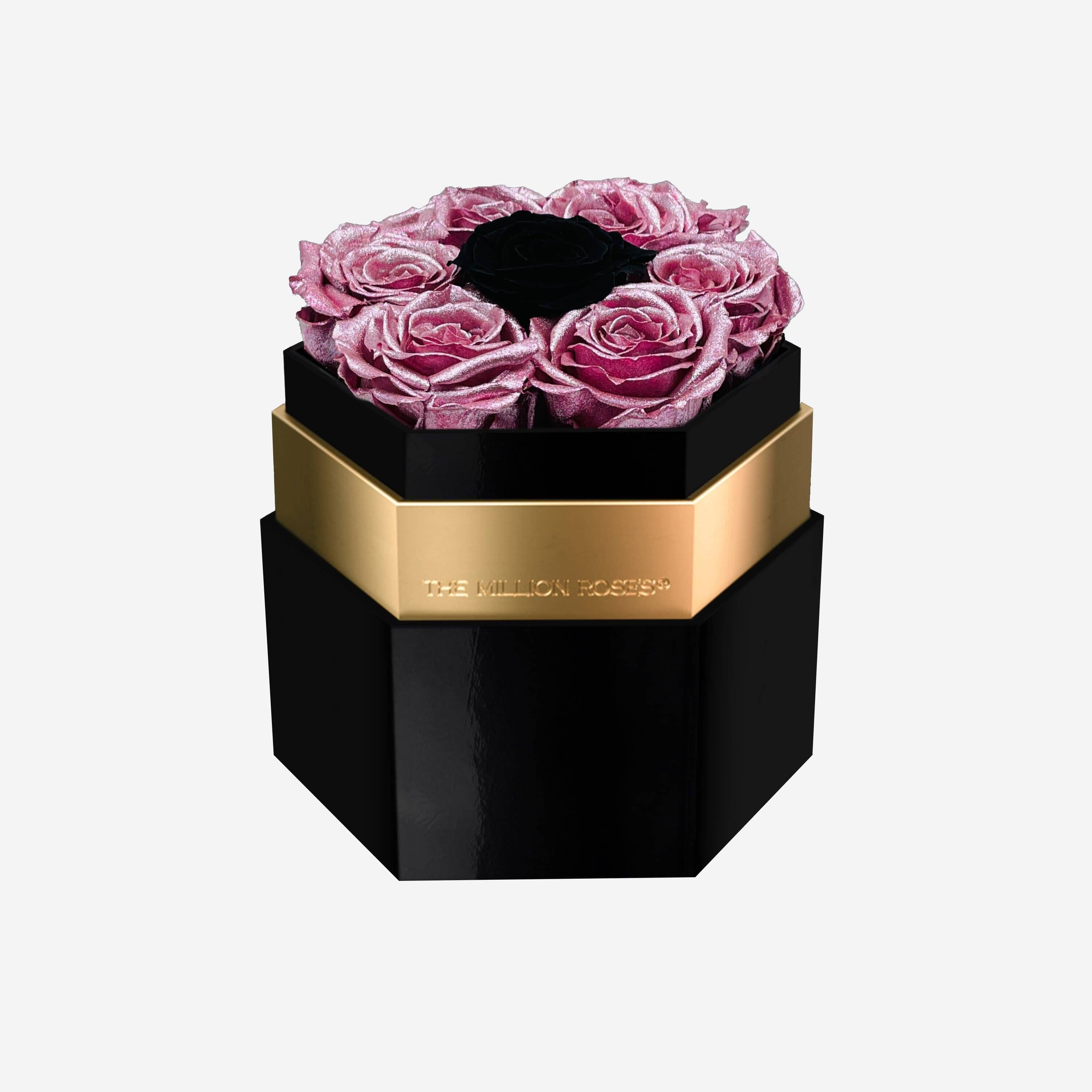 One in a Million™ Black Mirror Hexagon Box | Pink Gold & Black Roses - The Million Roses