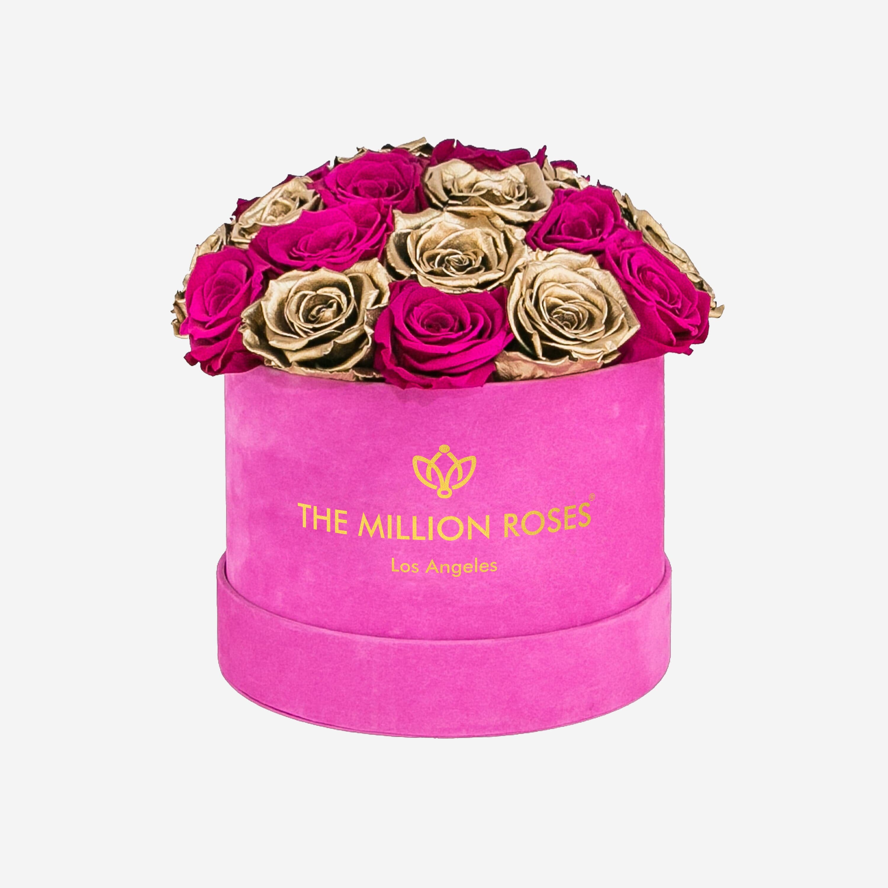 Classic Hot Pink Suede Dome Box | Neon Pink Gold Roses - The Million Roses