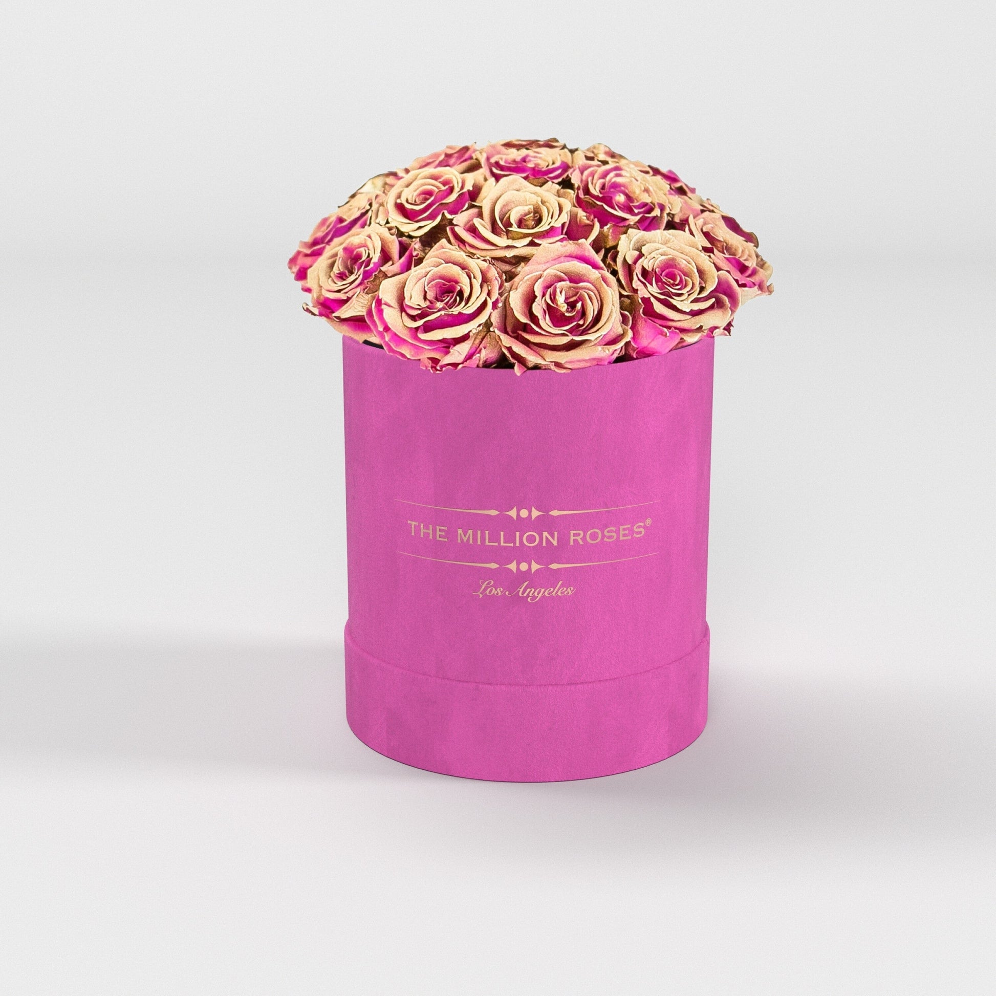 Basic Hot Pink Suede Box | Neon Pink & Gold Roses - The Million Roses