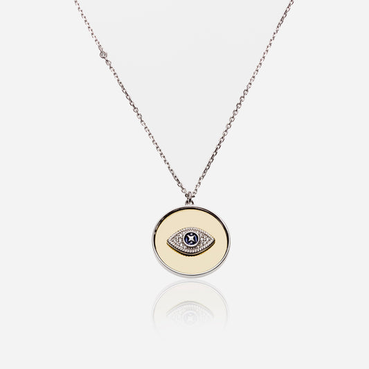 Evil Eye Two-Tone Plate Necklace with Diamonds