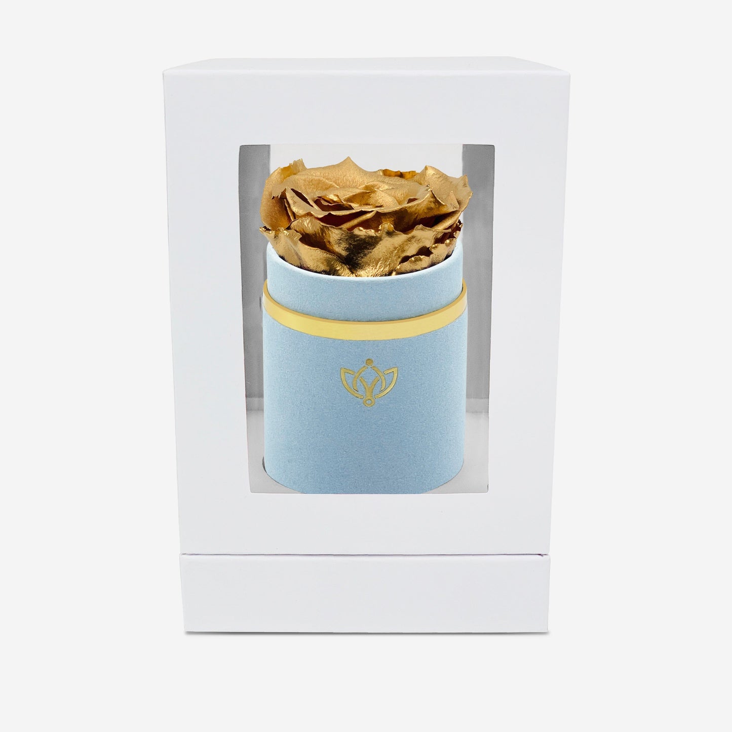 Single Light Blue Suede Box | Gold Rose - The Million Roses