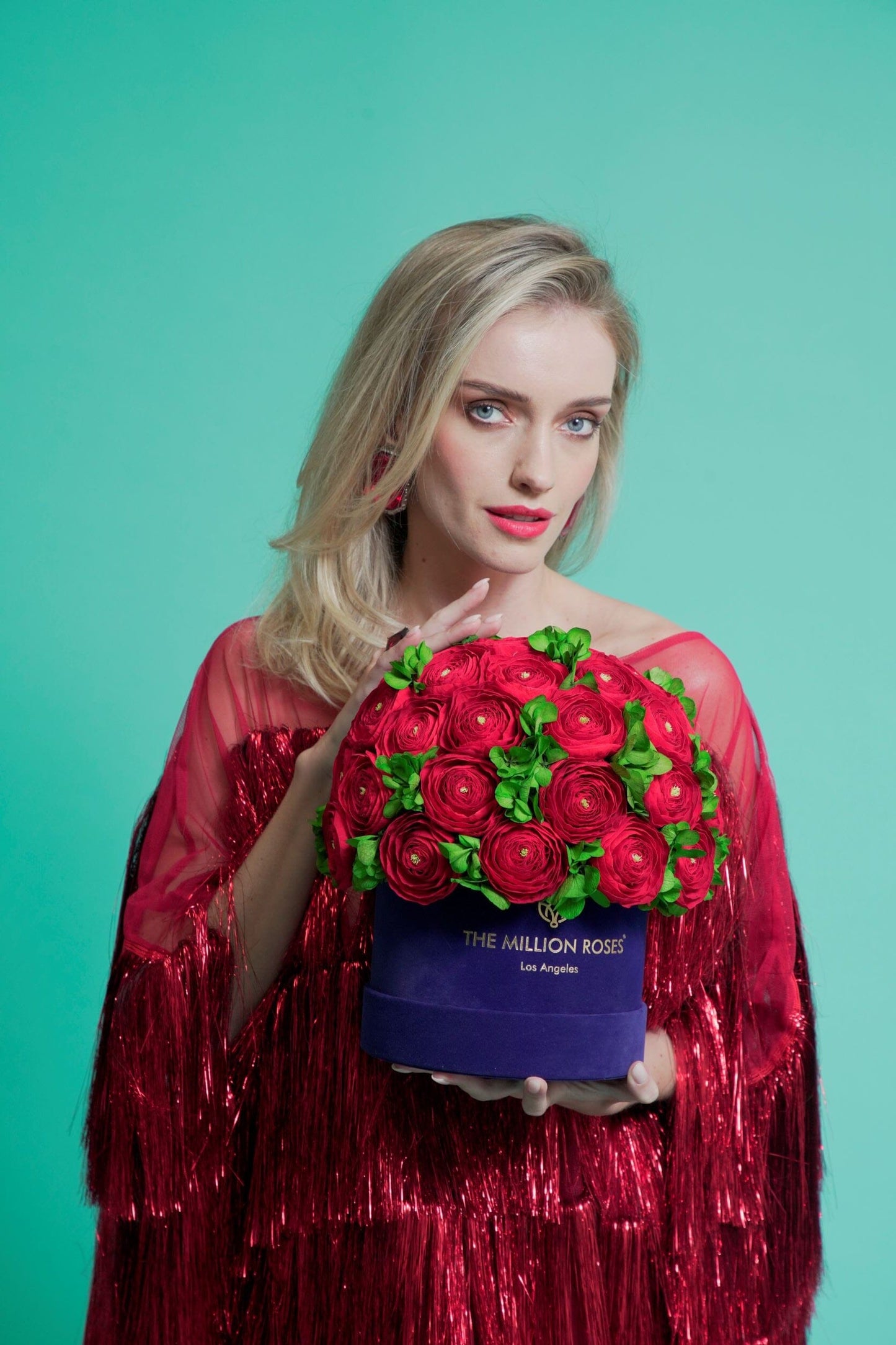 Classic Mirror Gold Box | Red Persian Buttercups & Green Hydrangeas - The Million Roses