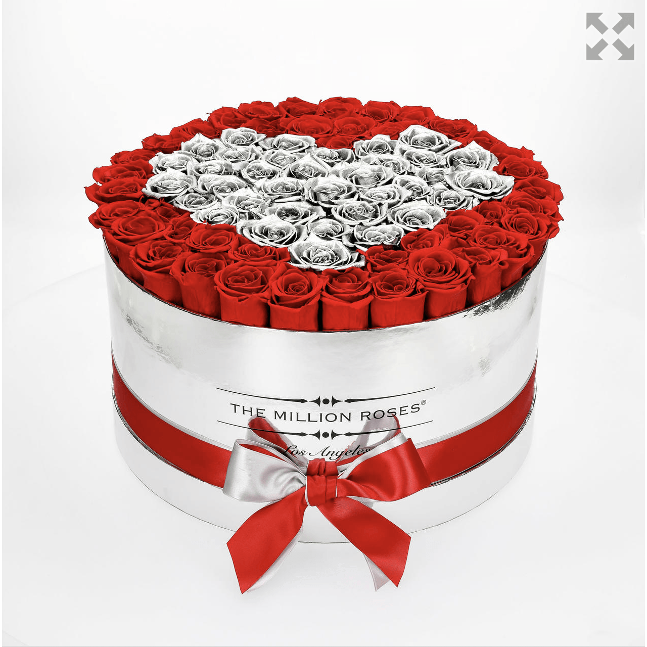 Deluxe Mirror Silver Box | Red & Silver Roses | Heart - The Million Roses