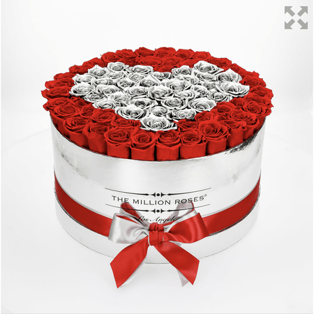 Deluxe Mirror Silver Box | Red & Silver Roses | Heart - The Million Roses