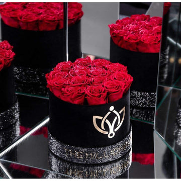 Medium Pink Round Box with Fresh Red Roses – Flowers By Crystal