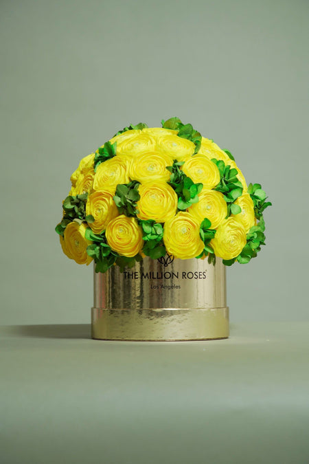 Classic Royal Blue Suede Box | Yellow Persian Buttercups & Green Hydrangeas - The Million Roses