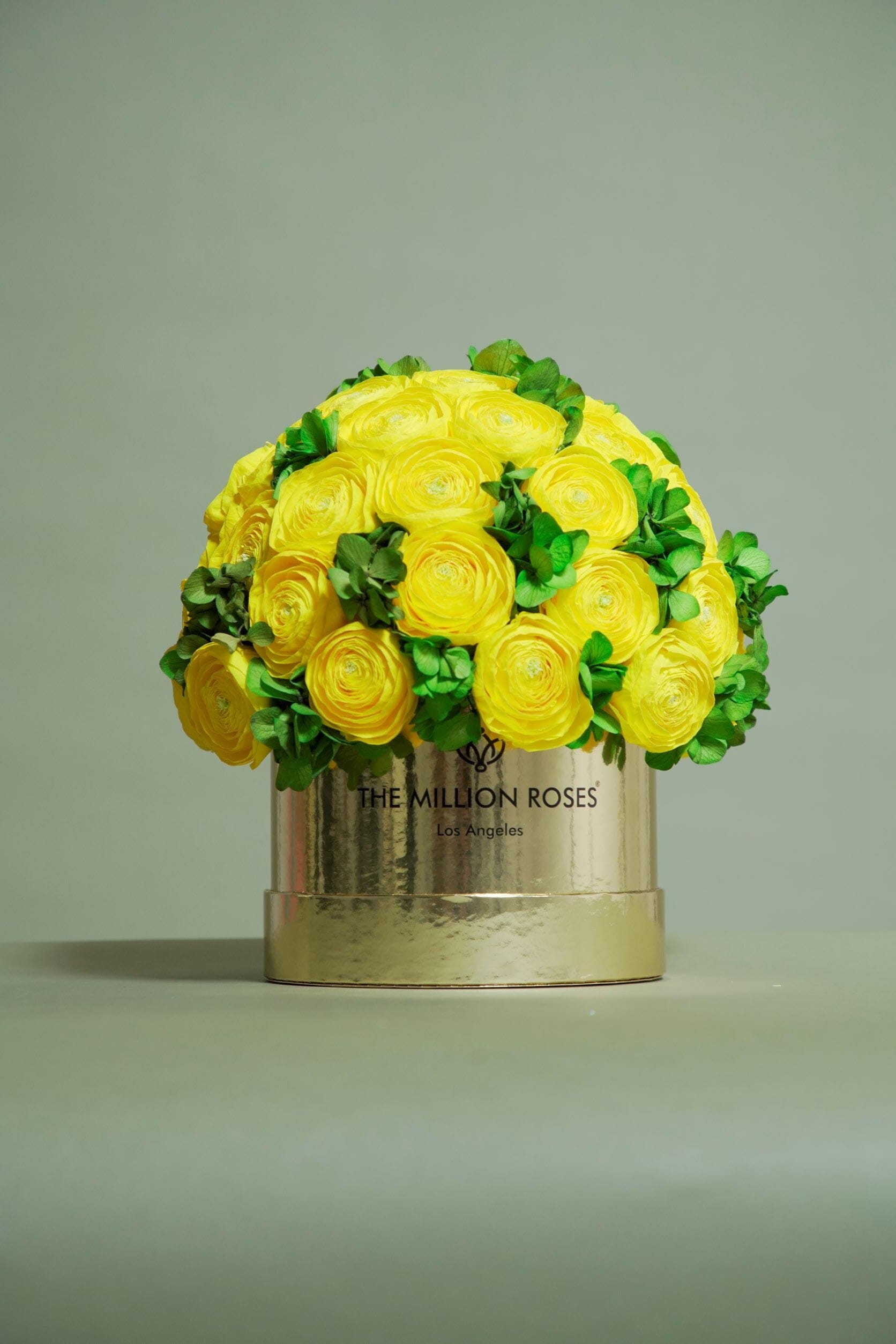 Classic Royal Blue Suede Box | Yellow Persian Buttercups & Green Hydrangeas - The Million Roses