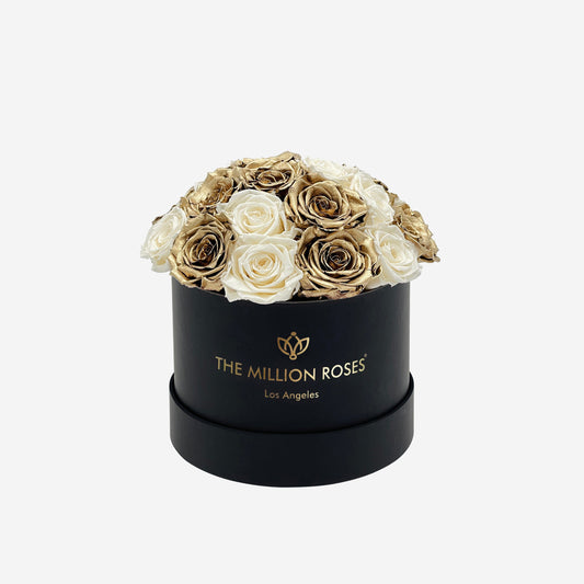 Classic Black Dome Box | White & Gold Roses - The Million Roses