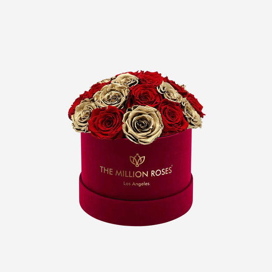 Classic Bordeaux Suede Dome Box | Red & Gold Roses - The Million Roses