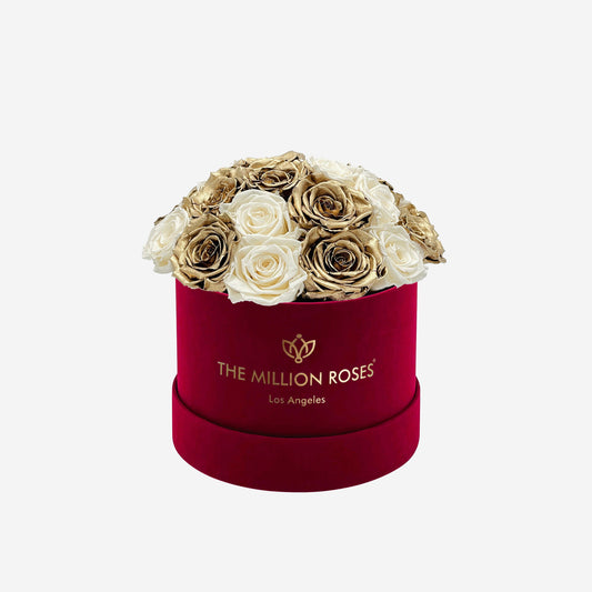 Classic Bordeaux Suede Dome Box | White & Gold Roses - The Million Roses