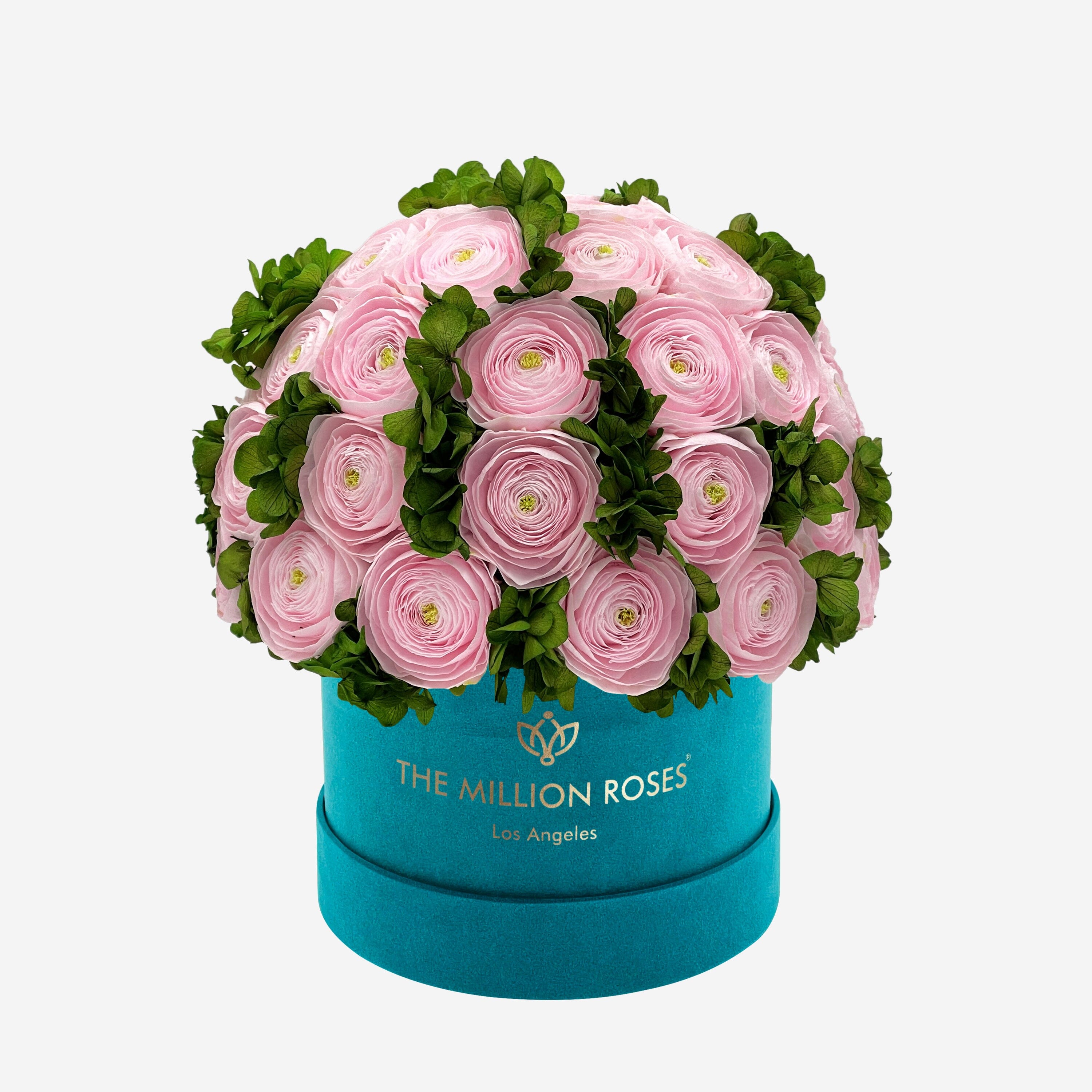 Classic Dark Green Suede Box | Light Pink Persian Buttercups & Green Hydrangeas - The Million Roses