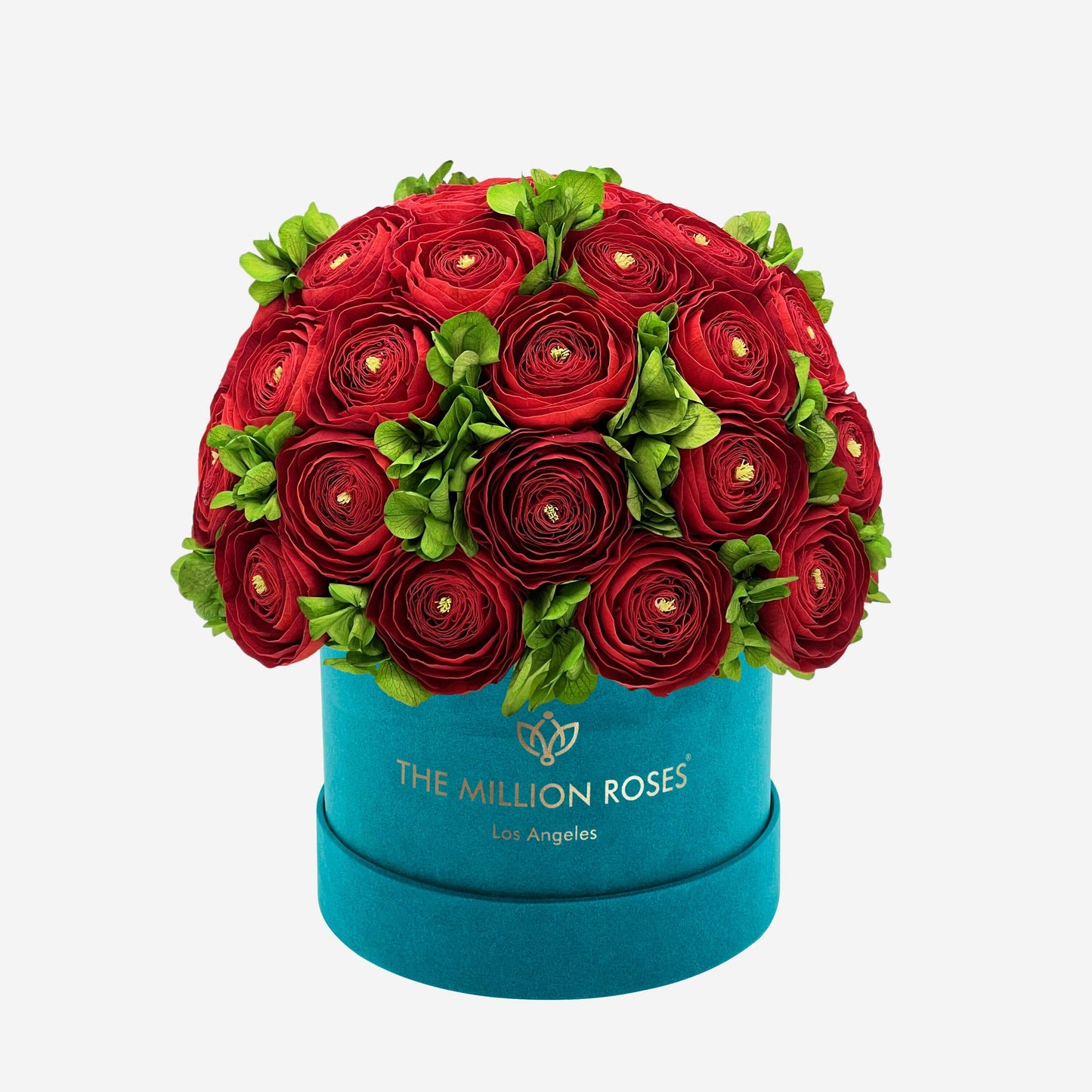 Classic Dark Green Suede Box | Red Persian Buttercups & Green Hydrangeas - The Million Roses