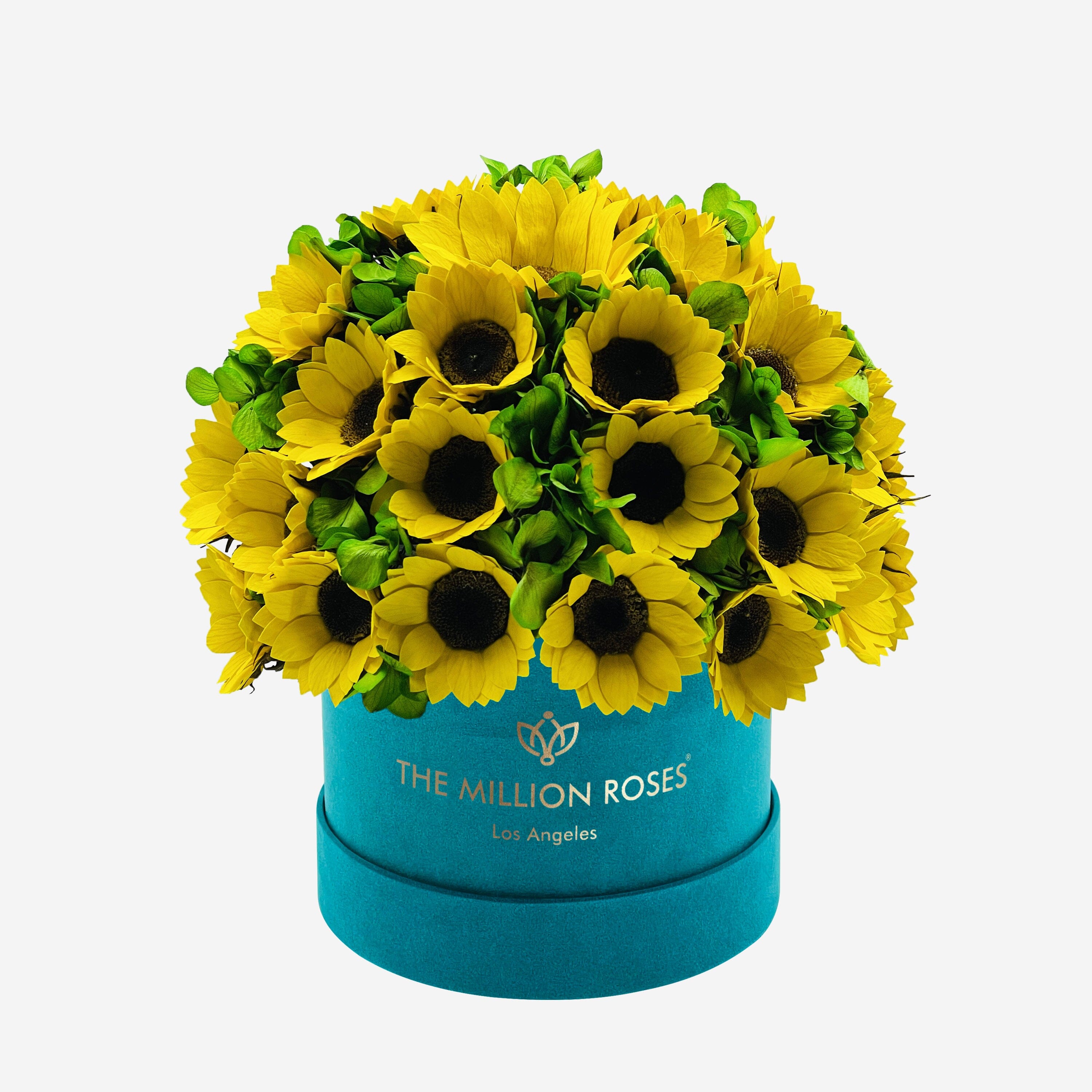 Classic Dark Green Suede Box | Sunflowers & Green Hydrangeas - The Million Roses