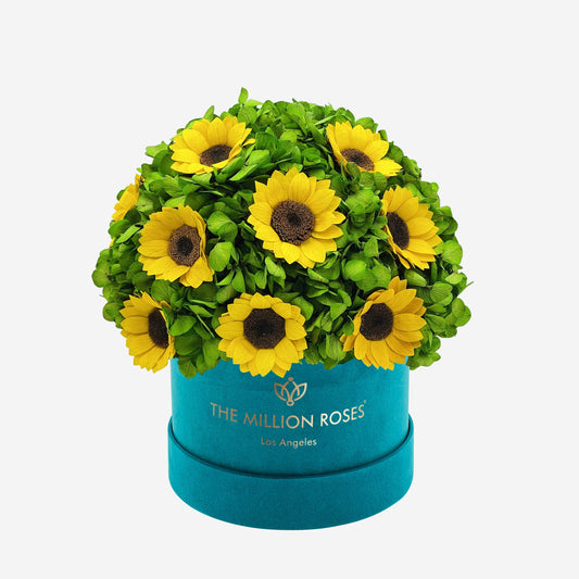 Classic Dark Green Suede Box | Green Hydrangeas & Sunflowers - The Million Roses