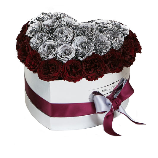 Heart Mirror Silver Dome Box | Red & Silver Celestial Roses - The Million Roses