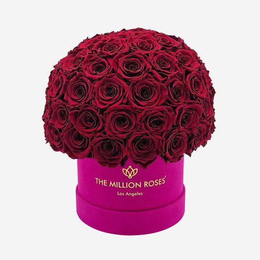 Classic Hot Pink Suede Superdome Box | Burgundy Roses - The Million Roses