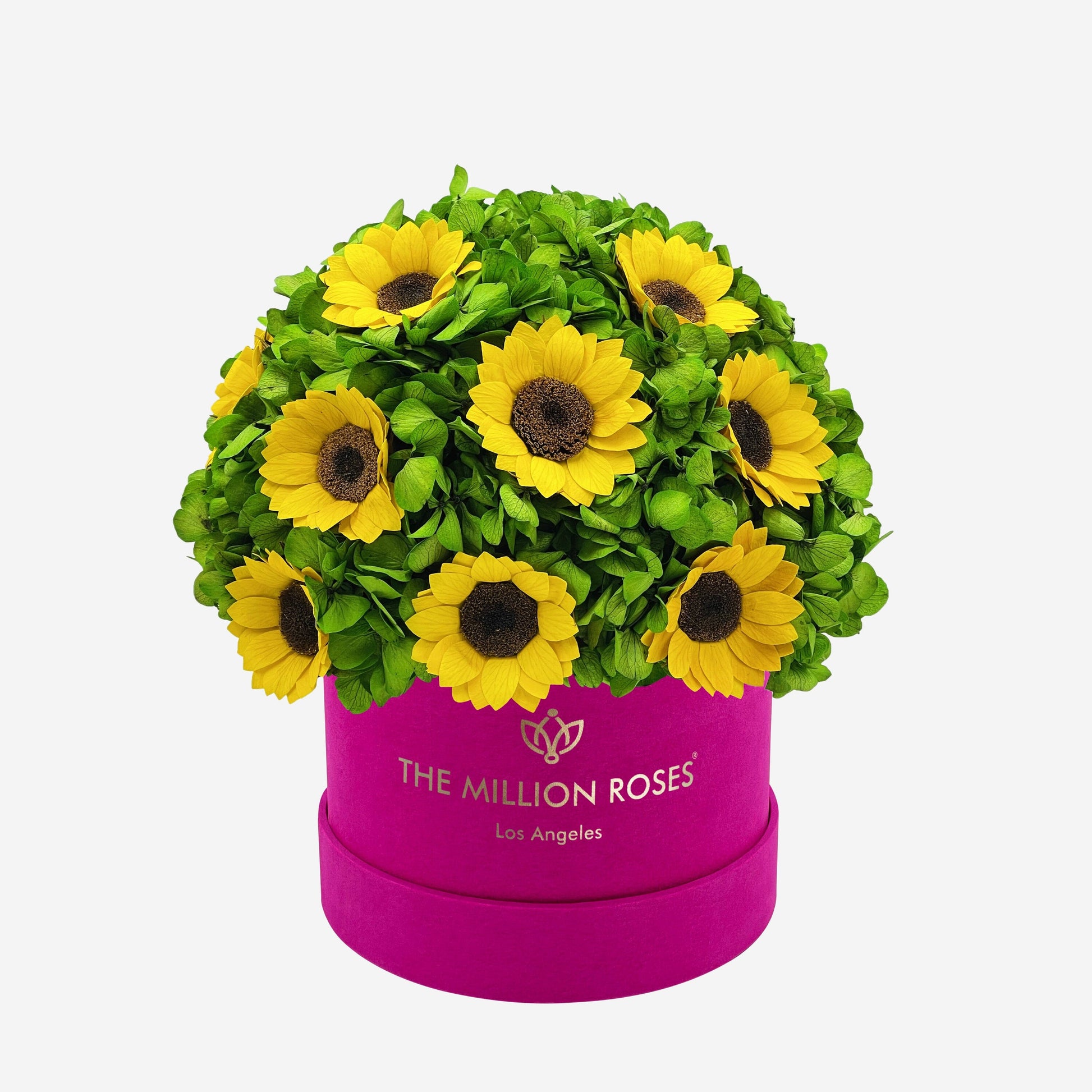 Classic Hot Pink Suede Box | Green Hydrangeas & Sunflowers - The Million Roses